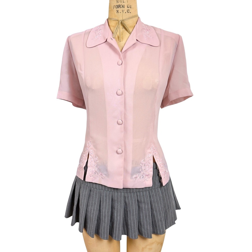90s Pink Embroidered Sequin Chiffon Blouse Coquette Office Secretary Size 14